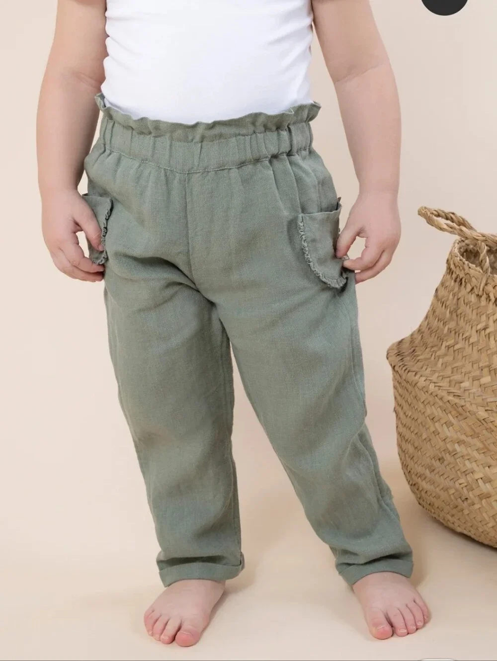 Linen Olive Green Elastic Waist Pants